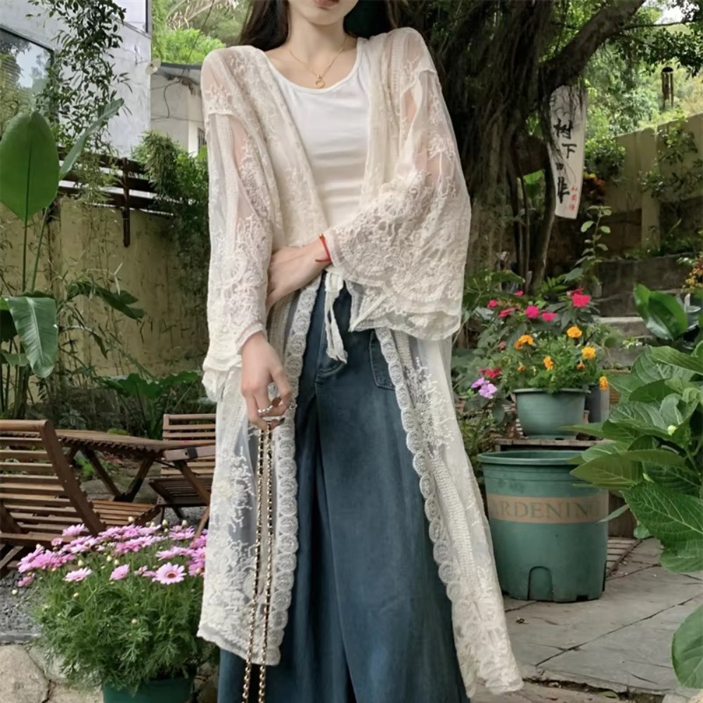 Kimono Sheer Floral - 軽量レースアップレースブラウス刺繍ルーズフィットシースルーカバーアップ長袖ビーチ着物