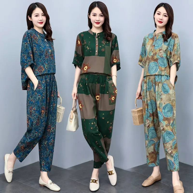 Linen Pant Wide - 中年女性向けサマースーツ2026新作ファッション若見えハルンパンツ綿麻セット半袖トップスツーピースセット女性用