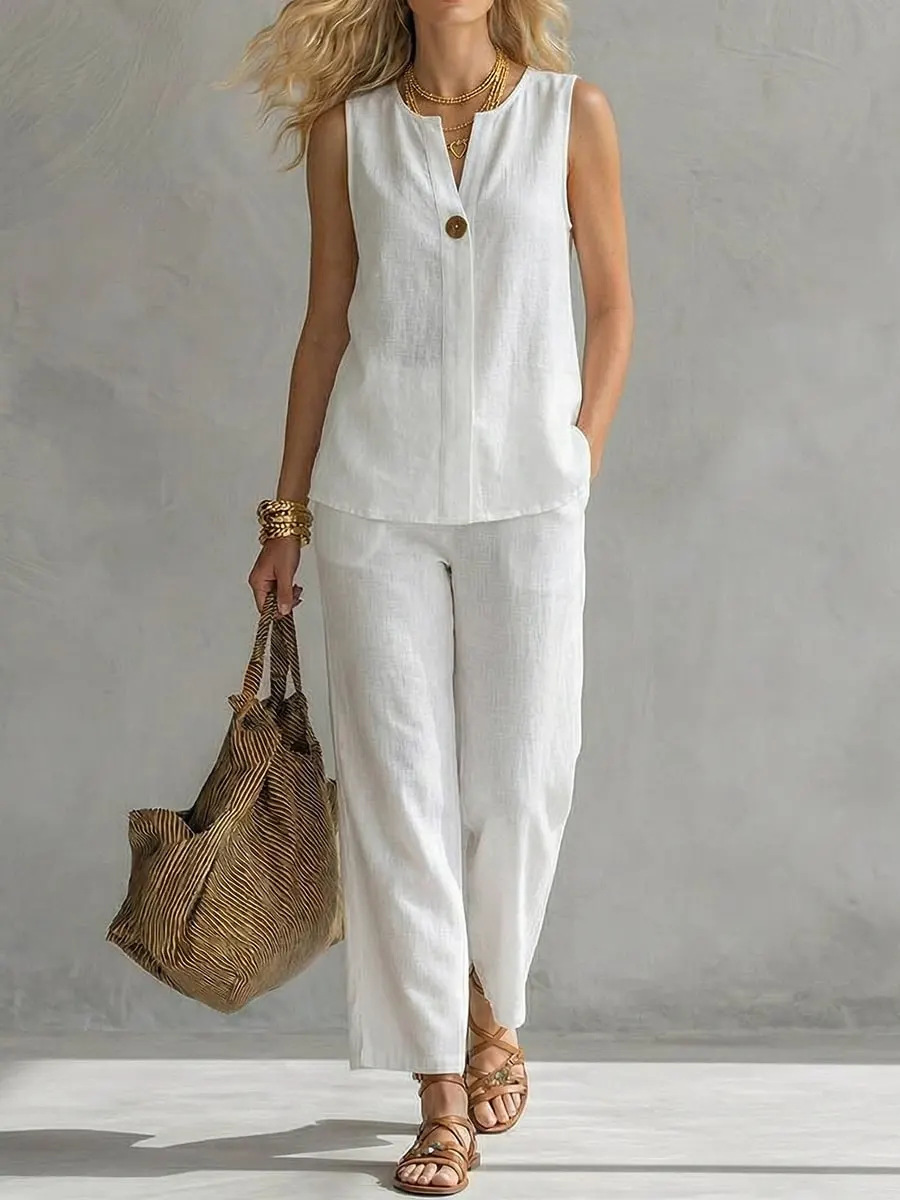 Linen Pant Wide - シングルボタンノースリーブリネン2ピースセット、Vネックポケット付きストレートクロップパンツスーツ（女性用）、通気性のあるカジュアルバケーションウェア