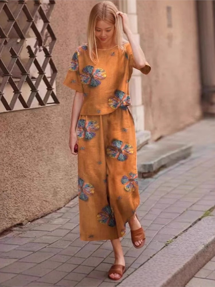 Linen Pant Wide - 2025 春夏の新プラスサイズ 2 点セット女性リネンカジュアルヴィンテージルーズプリント半袖とストレートパンツ 2 セット