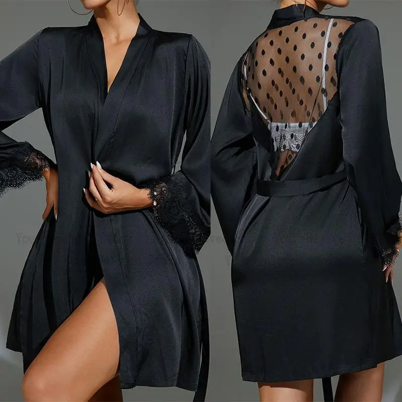Kimono Sheer Floral - ショート着物黒薄手のメッシュローブ長袖親密なランジェリー女性サテンネグリジェレース花パジャマエレガントな寝間着