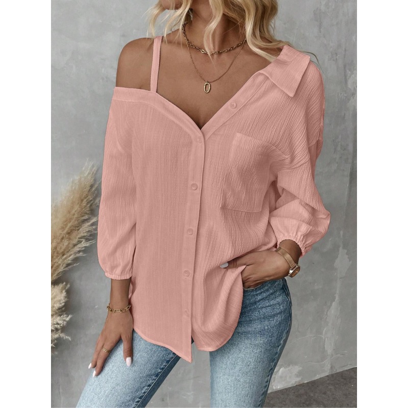 Blouse Off Shoulder - プラスサイズ1XL-5XL女性ブラウストップレディシングルブレストオフショルダーポケット非対称女性カジュアルオーバーシャ​​ツ