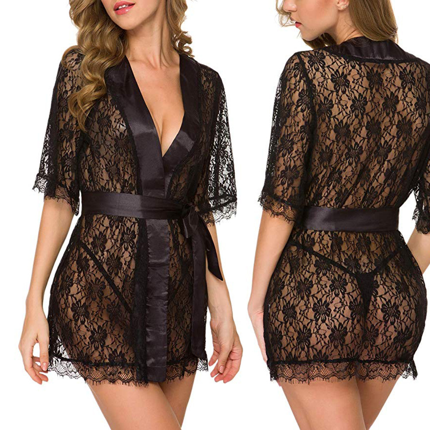 Kimono Sheer Floral - 花柄レースVネックランジェリーナイトガウン レディース セクシー シースルーメッシュ着物風ナイトドレス 快適な寝間着 レディース下着