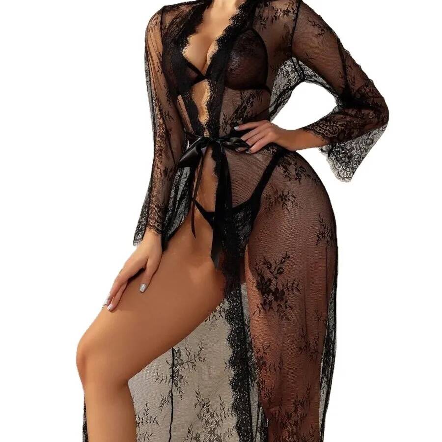黒のレースの透け感のあるロングローブ、女性用花柄レースメッシ - Kimono Sheer Floral のレビューと価格