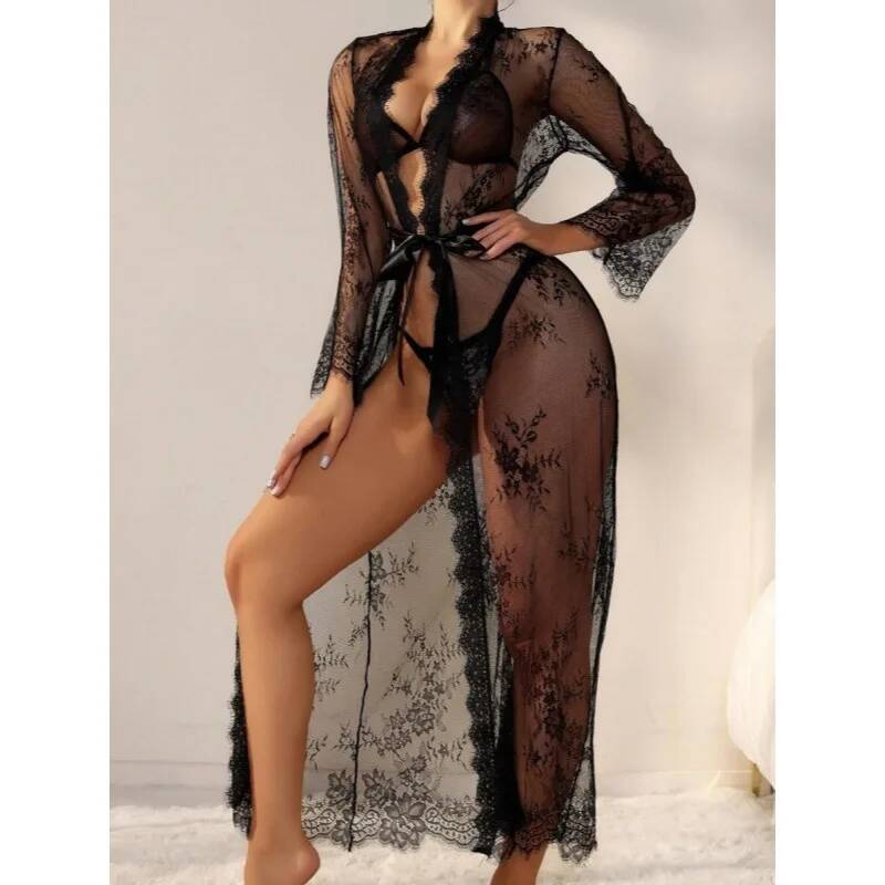 黒のレースの透け感のあるロングローブ、女性用花柄レースメッシ - Kimono Sheer Floral のレビューと価格
