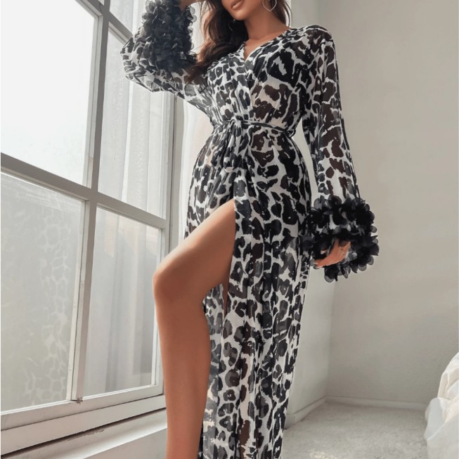卸売女性ヒョウ柄シアーメッシュロング着物ローブ花柄フリルベル - Kimono Sheer Floral のレビューと価格