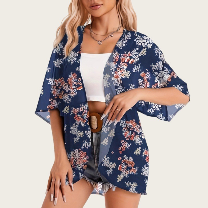 水着女性2025着物カーディガンシアー花柄プリントルーズロン - Kimono Sheer Floral のレビューと価格