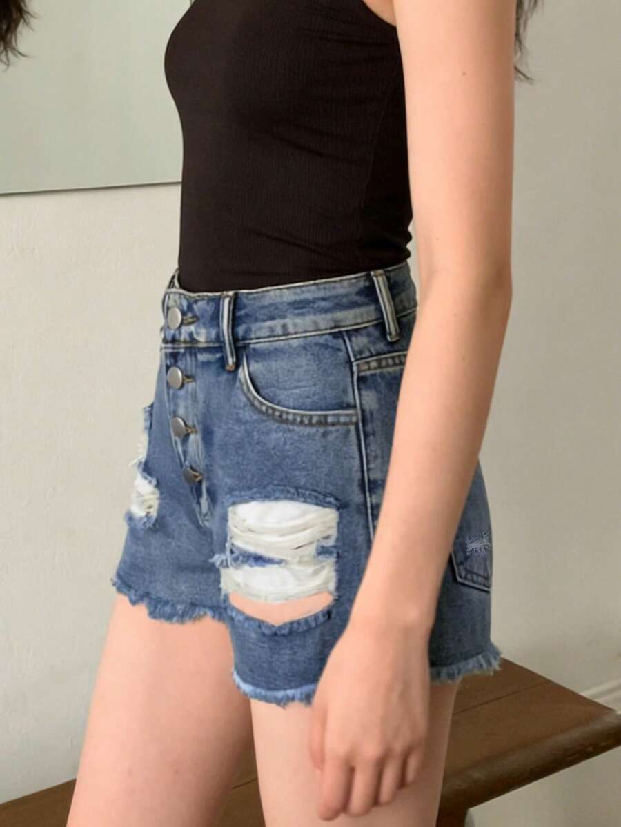 レディース ミッドライズ ダメージ加工 フレイドデニムショー - Shorts Denim Frayed のレビューと価格