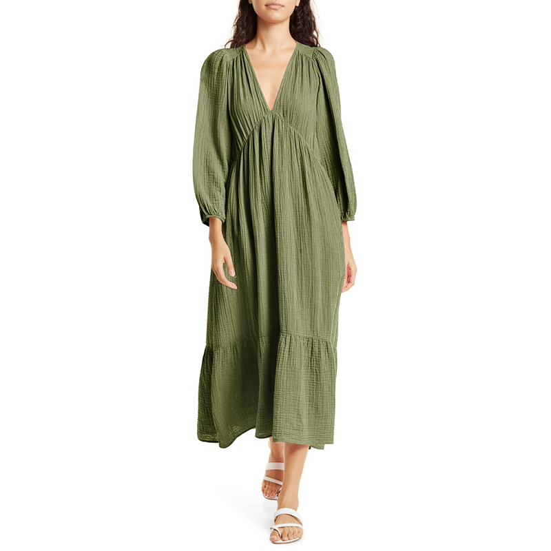 シフォン-100% コットンロングドレス,女性用,Vネック, - Linen Dress Wrap のレビューと価格