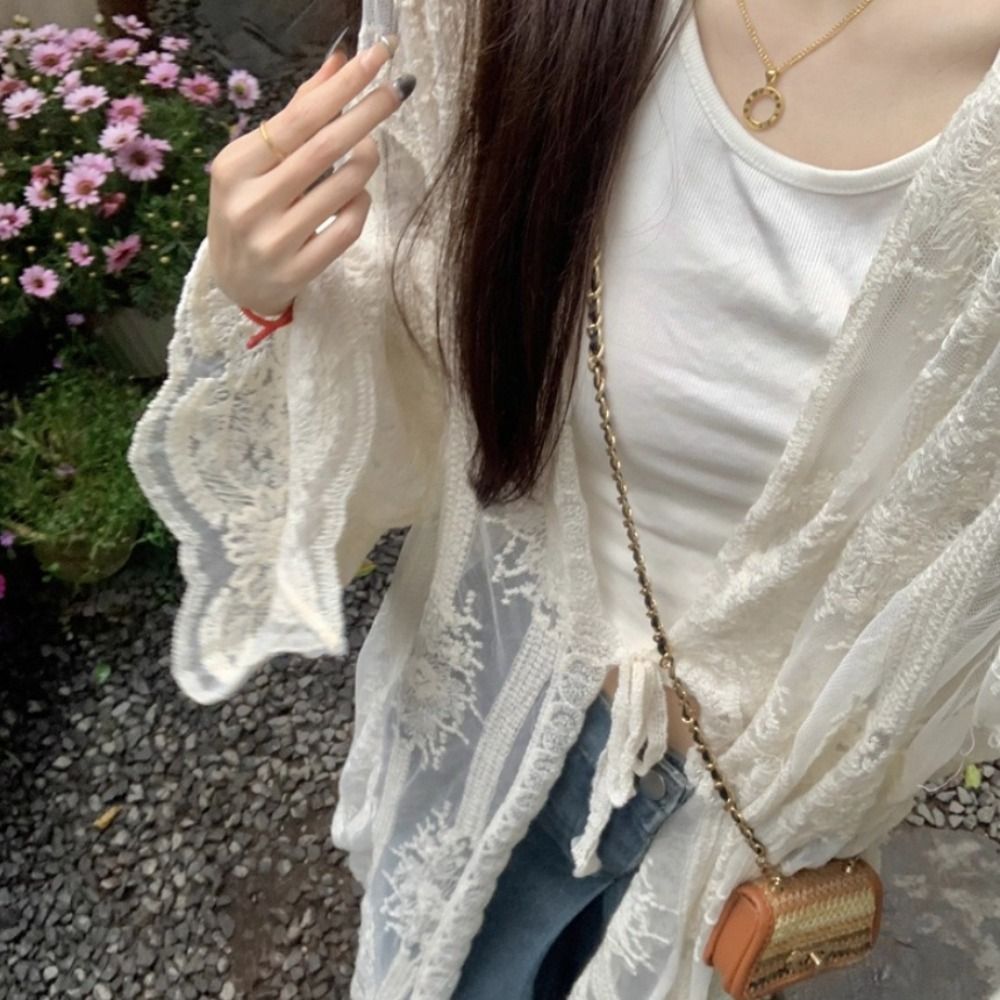 軽量レースアップレースブラウス刺繍ルーズフィットシースルーカ - Kimono Sheer Floral のレビューと価格