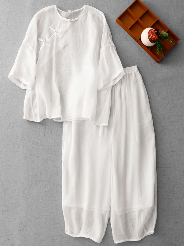 新しい中国禅風女性用コットンリネンスーツ、夏のファッショナブ - Linen Pant Wide のレビューと価格