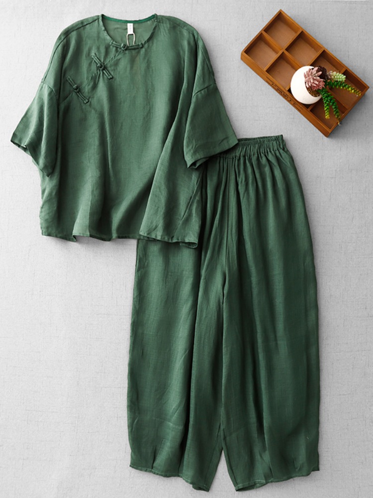 新しい中国禅風女性用コットンリネンスーツ、夏のファッショナブ - Linen Pant Wide のレビューと価格