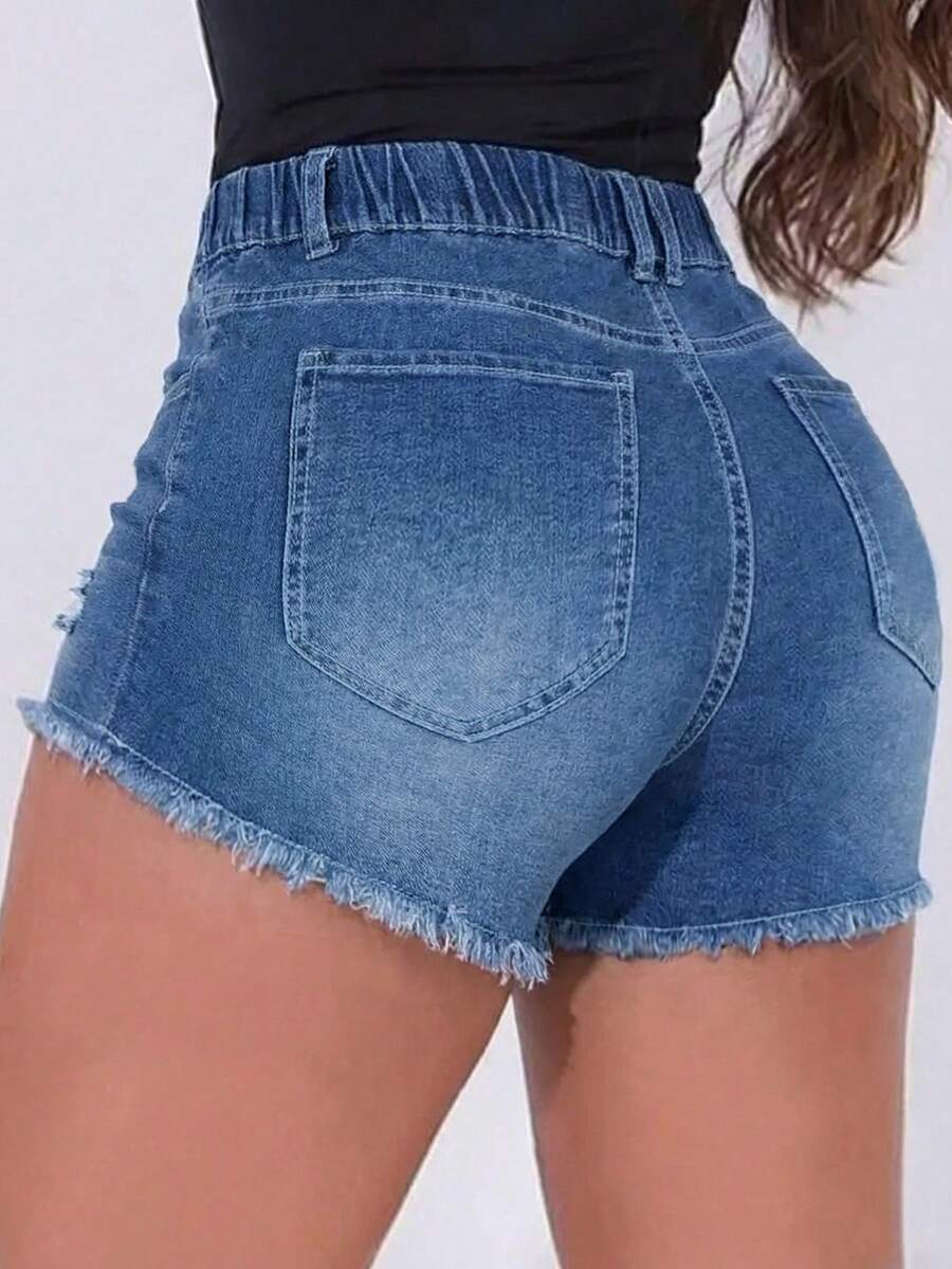 レディース弾性ウエストフリンジヘムダメージデニムショートパン - Shorts Denim Frayed のレビューと価格