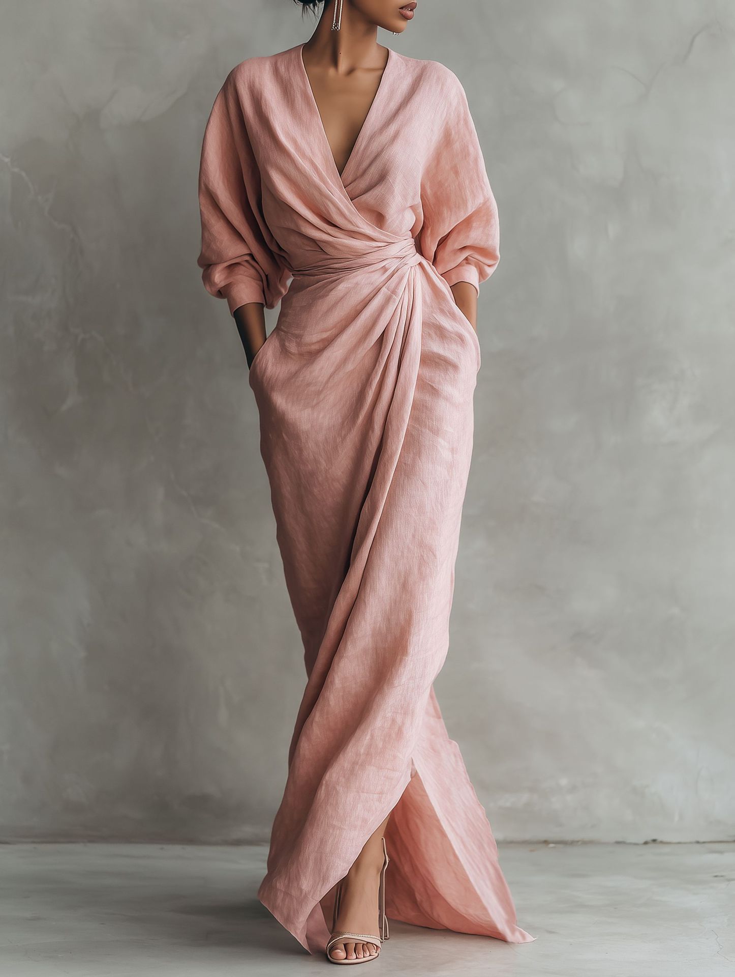 女性用リネン混紡ラップマキシドレス、Vネック、バットウィング - Linen Dress Wrap のレビューと価格