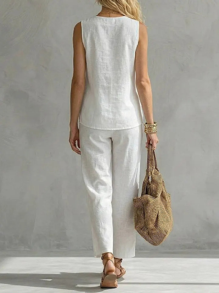 シングルボタンノースリーブリネン2ピースセット、Vネックポケ - Linen Pant Wide のレビューと価格