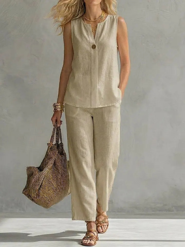 シングルボタンノースリーブリネン2ピースセット、Vネックポケ - Linen Pant Wide のレビューと価格