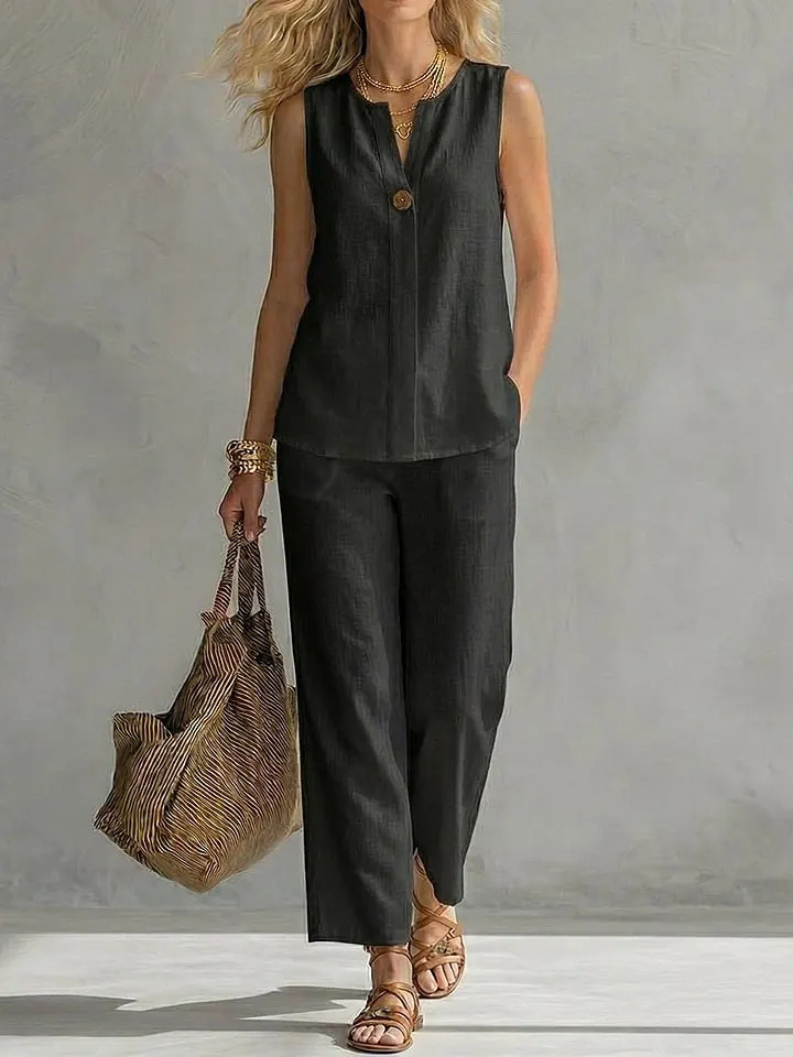 シングルボタンノースリーブリネン2ピースセット、Vネックポケ - Linen Pant Wide のレビューと価格