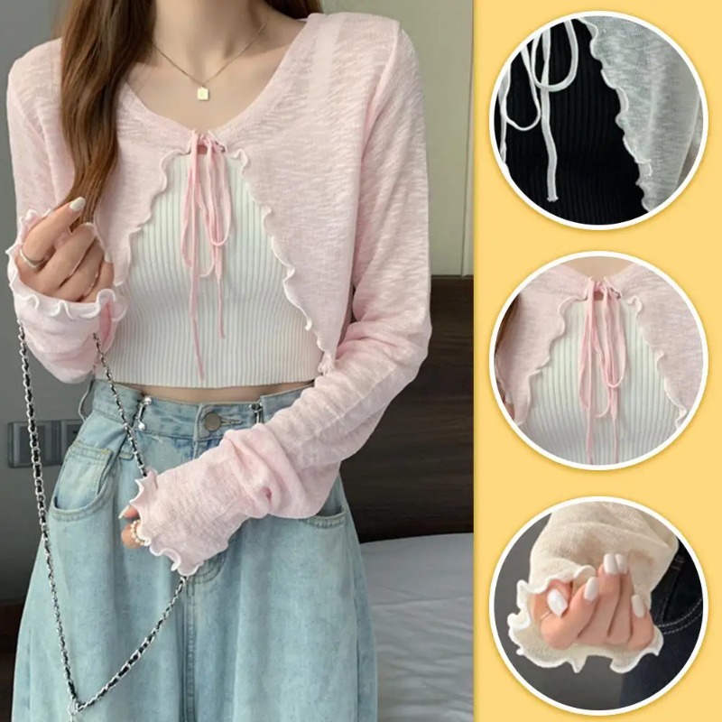 薄い日焼け止めクロップドカーディガンレースアップニットトップ - Crop Top Crochet のレビューと価格