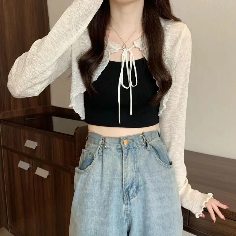 薄い日焼け止めクロップドカーディガンレースアップニットトップ - Crop Top Crochet のレビューと価格