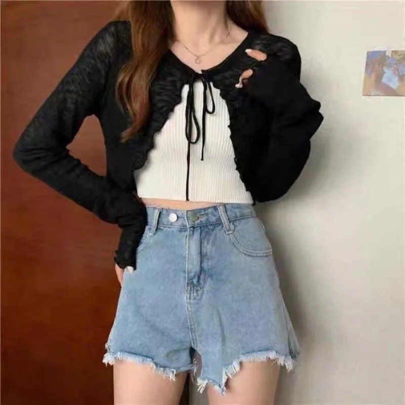 薄い日焼け止めクロップドカーディガンレースアップニットトップ - Crop Top Crochet のレビューと価格