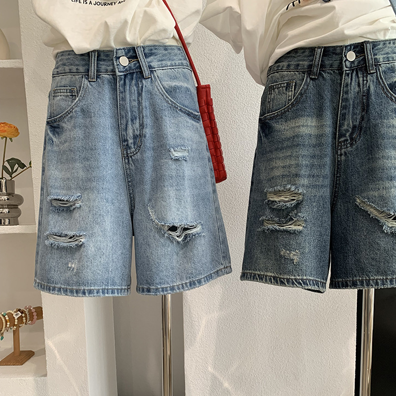 デニムショートパンツ女性ジーンズヴィンテージストレートパンツ - Shorts Denim Frayed のレビューと価格