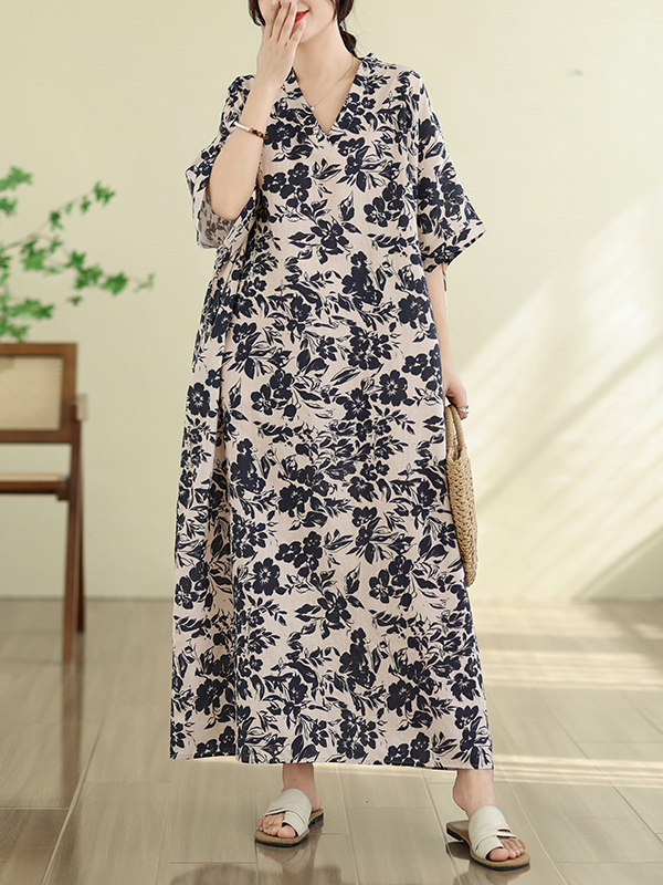 夏らしい花柄のバケーションスタイル、Vネックレトロロングワン - Linen Dress Wrap のレビューと価格